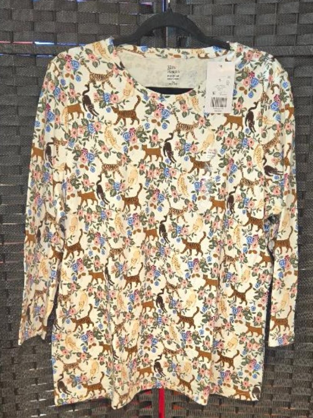 Kim Rogers 3/4 Length Sleeve Floral Cats Graphic Knit Top 100% Cottong